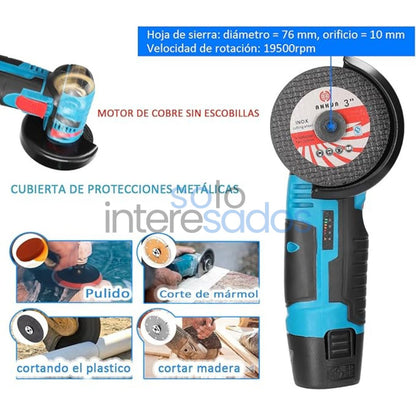 Mini Amoladora Angular 12V (+ 2 PILAS + 2 DISCOS CORTE/PULIDO + CARGADOR INCLUIDO)