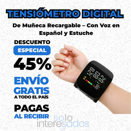 Tensiómetro Digital de Muñeca Recargable – Con Voz en Español y Estuche